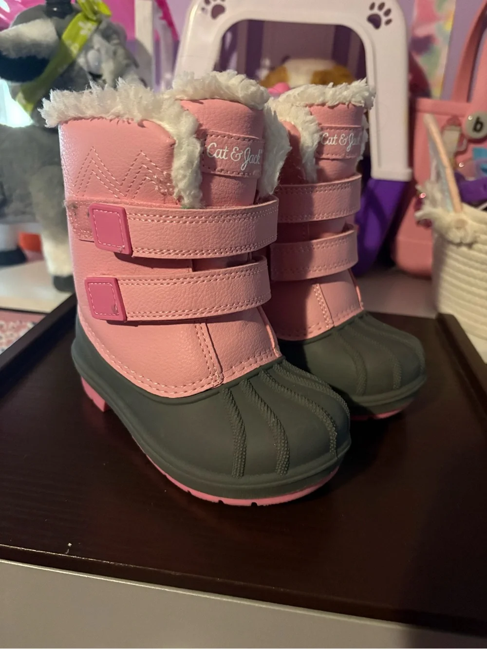 Cat & Jack Pink and Gray Snow Boots with Faux Fur